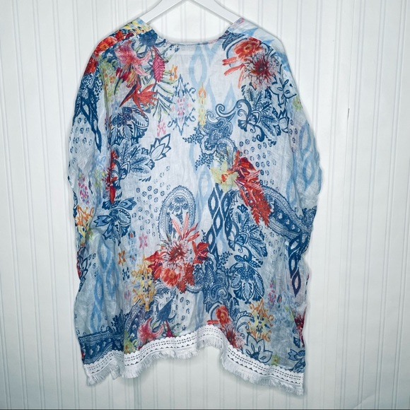Chico’s NWOT Ikat Paradise Ruana linen fringe kimono coverup top Small/Medium - Picture 2 of 13